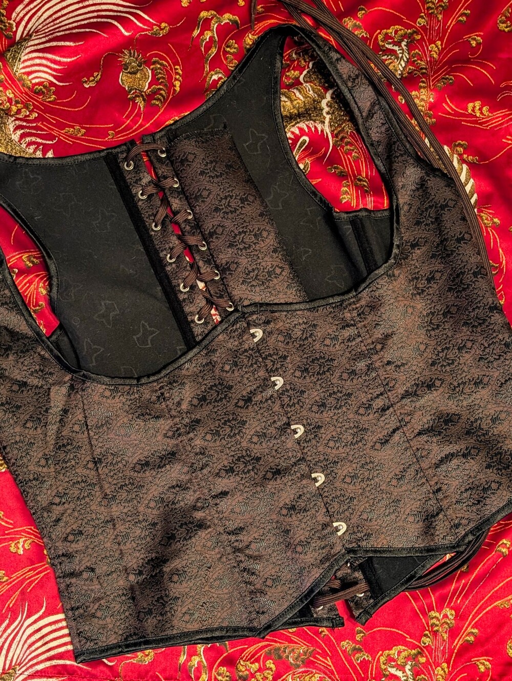 Charmian Jacquard Floral Corset Cincher Busk Front Lace Up Back Brown 6XL Womens